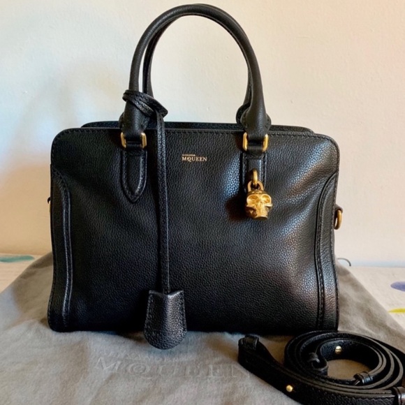 Alexander McQueen Black Leather Skull Padlock Gold Crossbody Bags